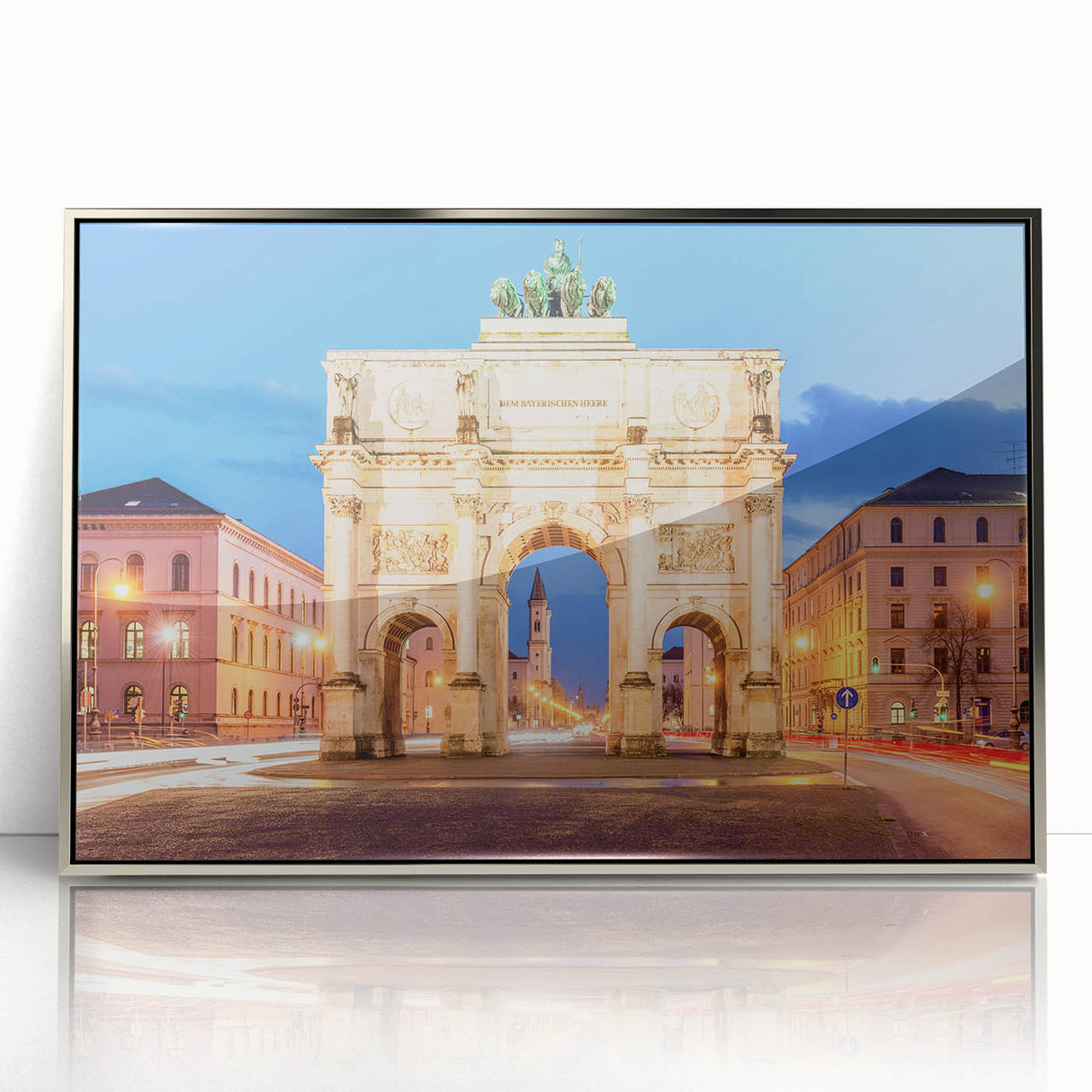 Large art print of Munich skyline in muted earth tones on framed acrylic, suitable for modern art wall decor.