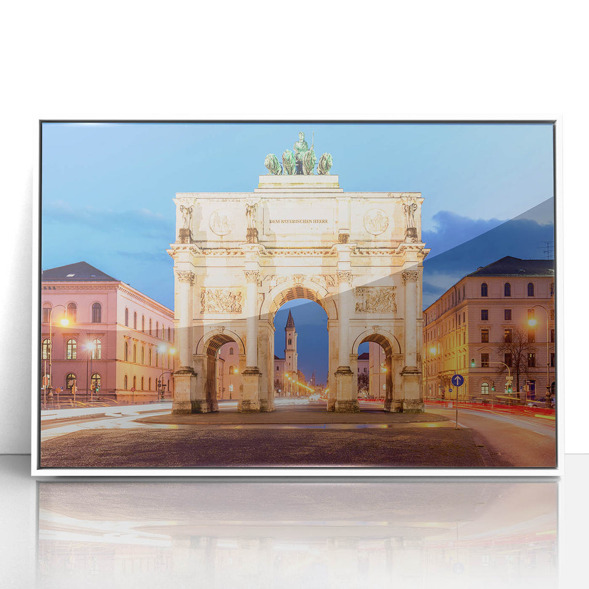 Acrylic print of Munich scenery in pastel shades, framed in white, mid-century modernist style.