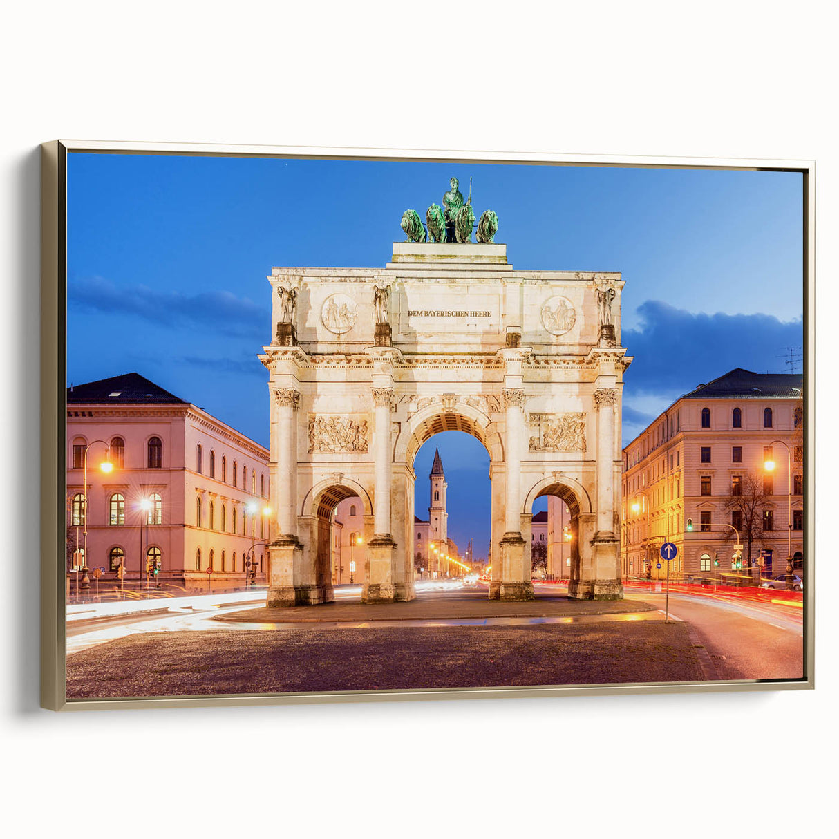 Framed canvas of a vintage-style Munich landscape in muted gold and black tones, ideal for bedroom wall art.