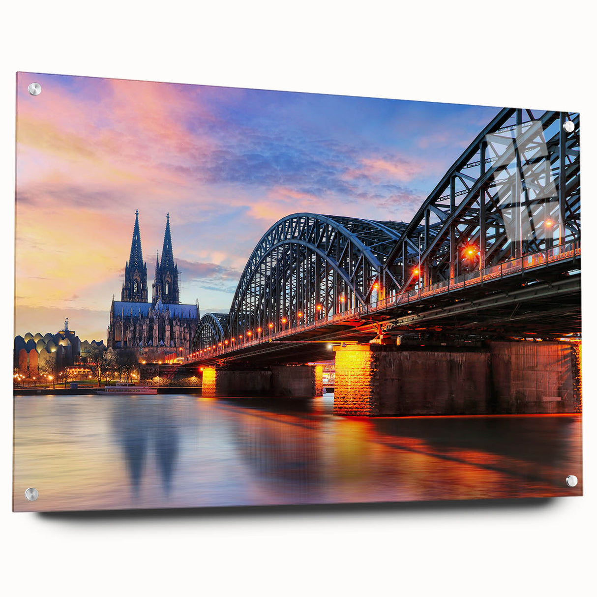 Acrylic print of a European scenery with vibrant greens and blues, perfect for dining room decor.