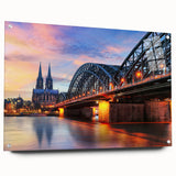 Acrylic print of a European scenery with vibrant greens and blues, perfect for dining room decor.