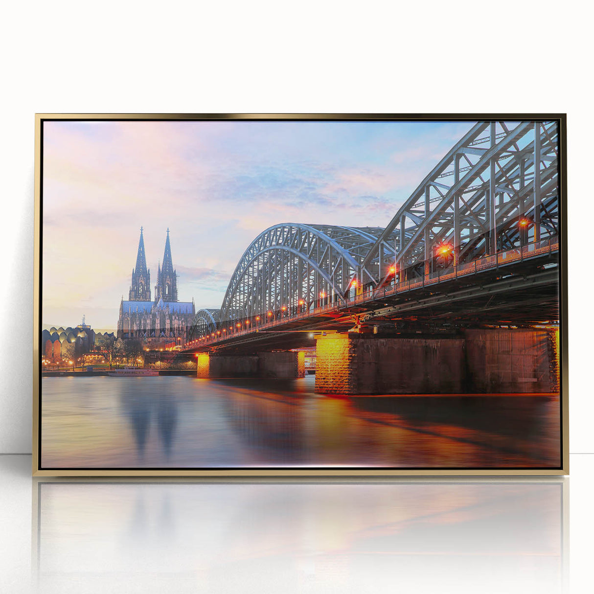 Art deco poster of a scenic German landscape in gold and green tones on framed acrylic, suitable for modern art wall decor.