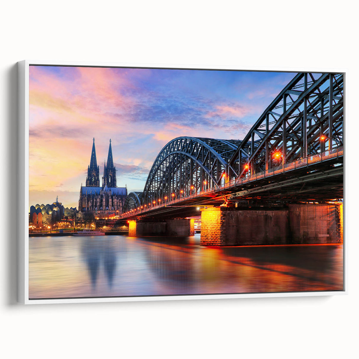 Vintage poster art of a colorful European scenery, printed on extra large white-framed canvas, ideal for living room decor.