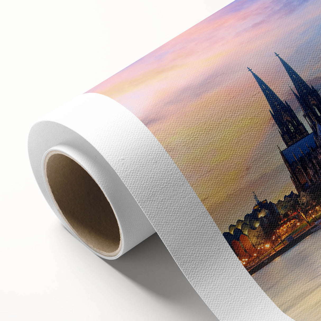 Art deco poster of a serene European landscape in soft pastel shades on rolled canvas, ideal for nursery wall art.