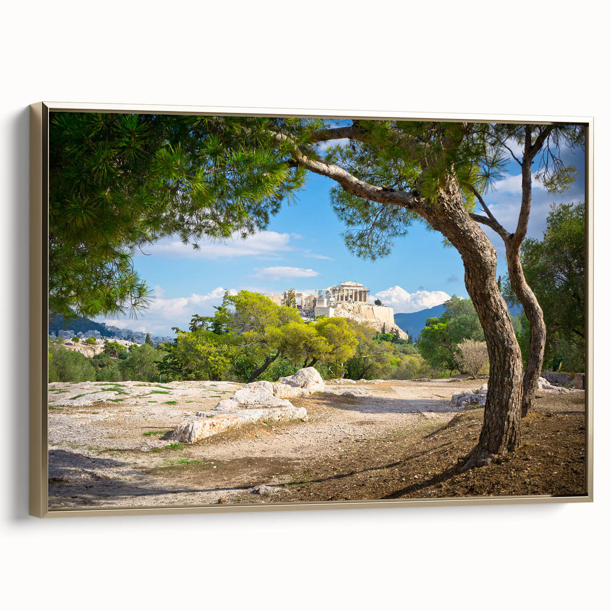 Framed canvas wall art depicting a vintage-style Athens landscape in black and gold tones, ideal for bedroom decor.