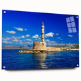 Acrylic print of a Crete, Greece landscape, in muted earth tones, suitable for dining room decor.