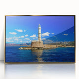 Acrylic print featuring a serene Crete landscape in soft blue and white tones, ideal for modern art wall decor.
