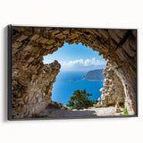 Black and white framed canvas of a vintage Rhodes landscape, ideal for bedroom wall art.