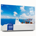 Acrylic print of Santorini landscape with vibrant blue and white tones, ideal for dining room decor.