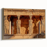 Framed canvas depicting a vintage-style Greek landscape in muted gold and black tones, ideal for bedroom wall decor.