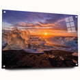 Large abstract wall art of a Scandinavian landscape in muted green and blue tones, acrylic glass.