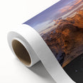 Rolled canvas depicting a serene Greenland landscape in muted green and blue tones, suitable as nursery wall art.