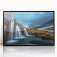 Large abstract wall art depicting a serene Icelandic landscape in muted gray and blue tones, framed in black acrylic.