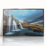 Framed acrylic print of a serene Icelandic landscape in muted green and blue tones, ideal for modern art wall decor.