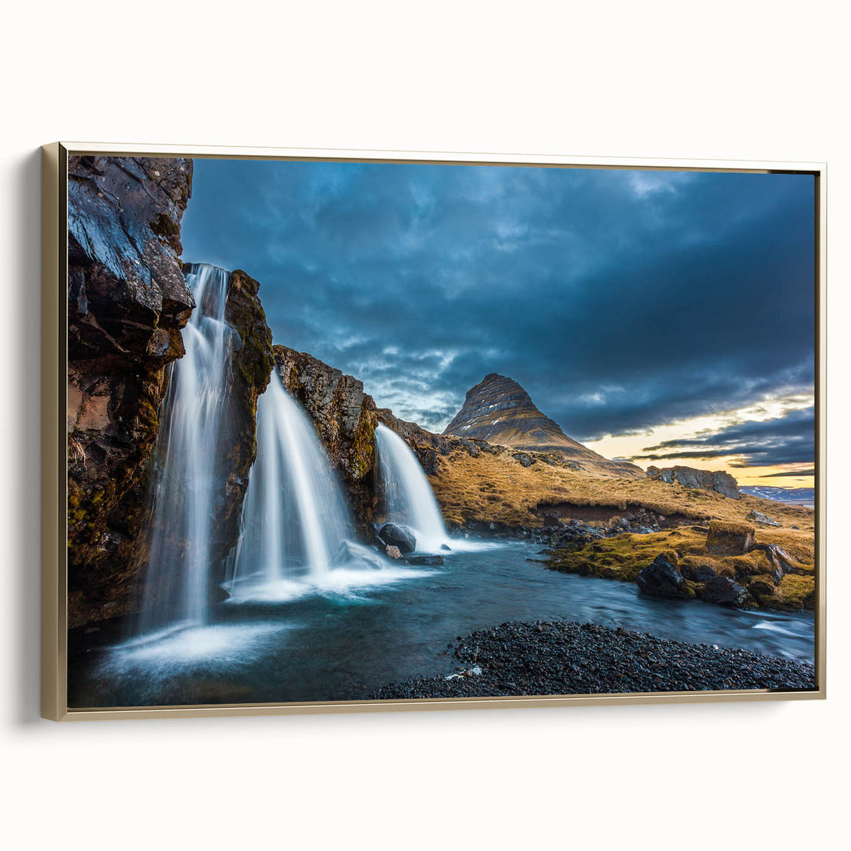 Framed canvas of a serene Icelandic landscape in muted grays and blacks, suitable as wall art for a bedroom.