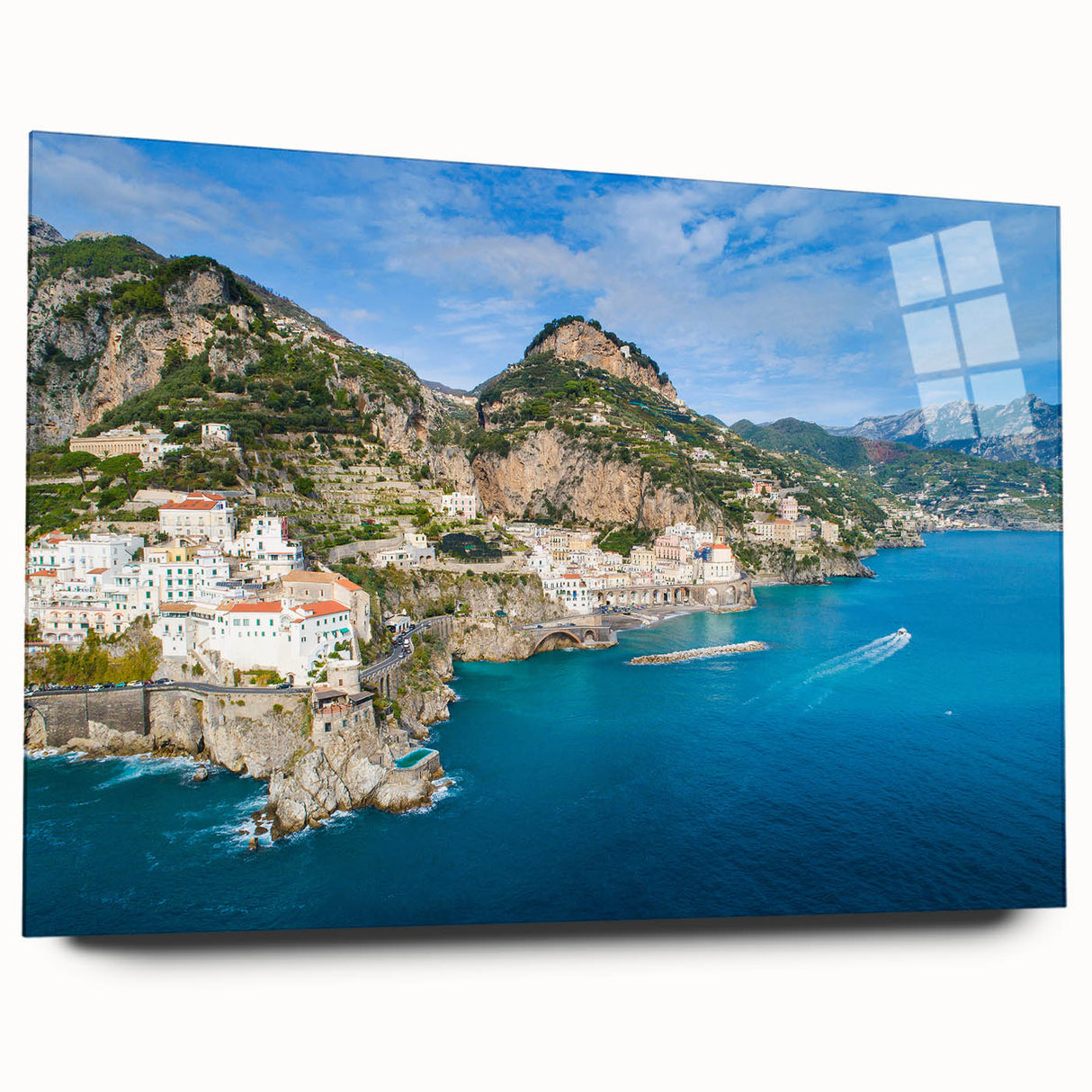 Acrylic print of the Amalfi Coast in vibrant blue and white tones, suitable for bedroom or dining room decor.