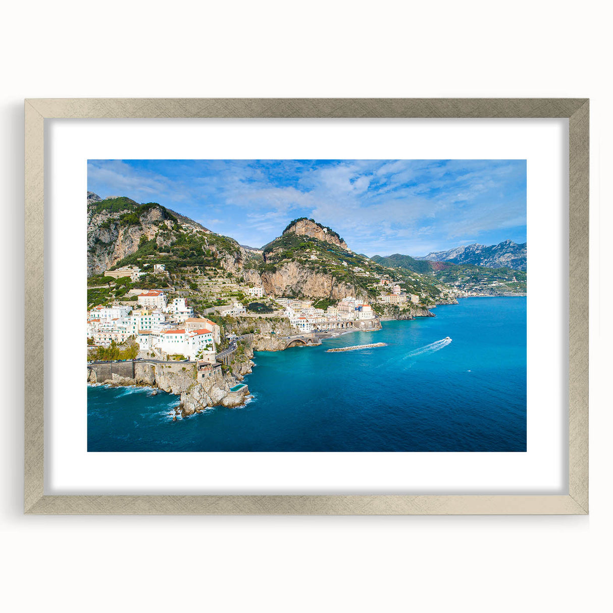 Extra large wall art of Amalfi Coast in textured abstract style, featuring vibrant blue and white tones, framed in silver.