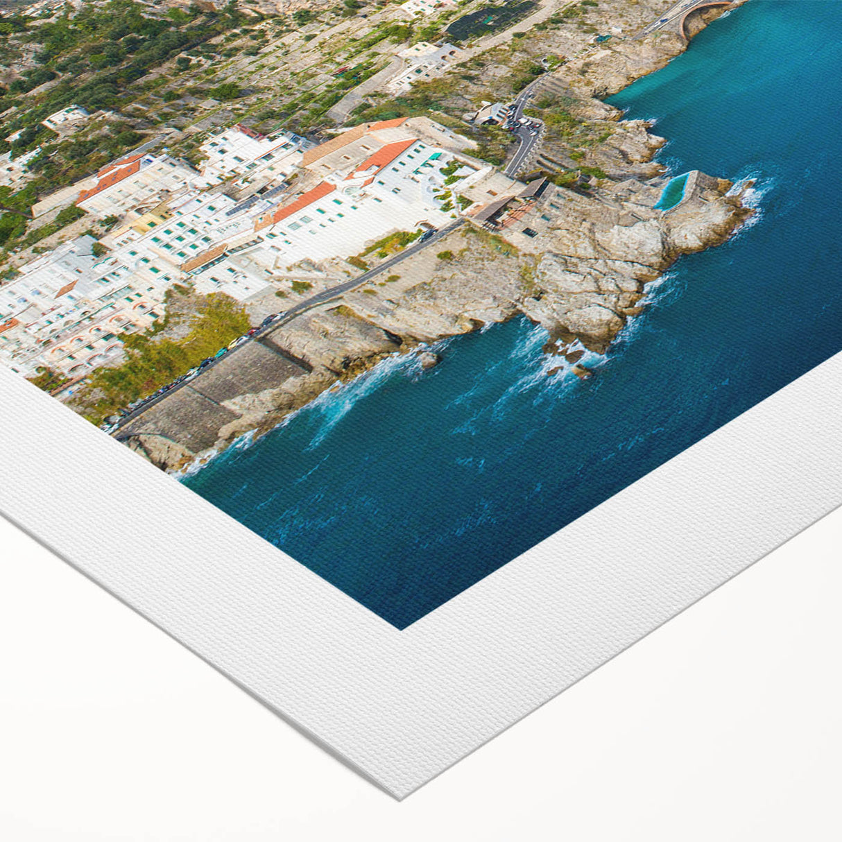 Art deco poster of Amalfi Coast with vibrant blue and pastel hues on rolled canvas, suitable for dining room wall art.