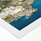 Art deco poster of Amalfi Coast with vibrant blue and pastel hues on rolled canvas, suitable for dining room wall art.