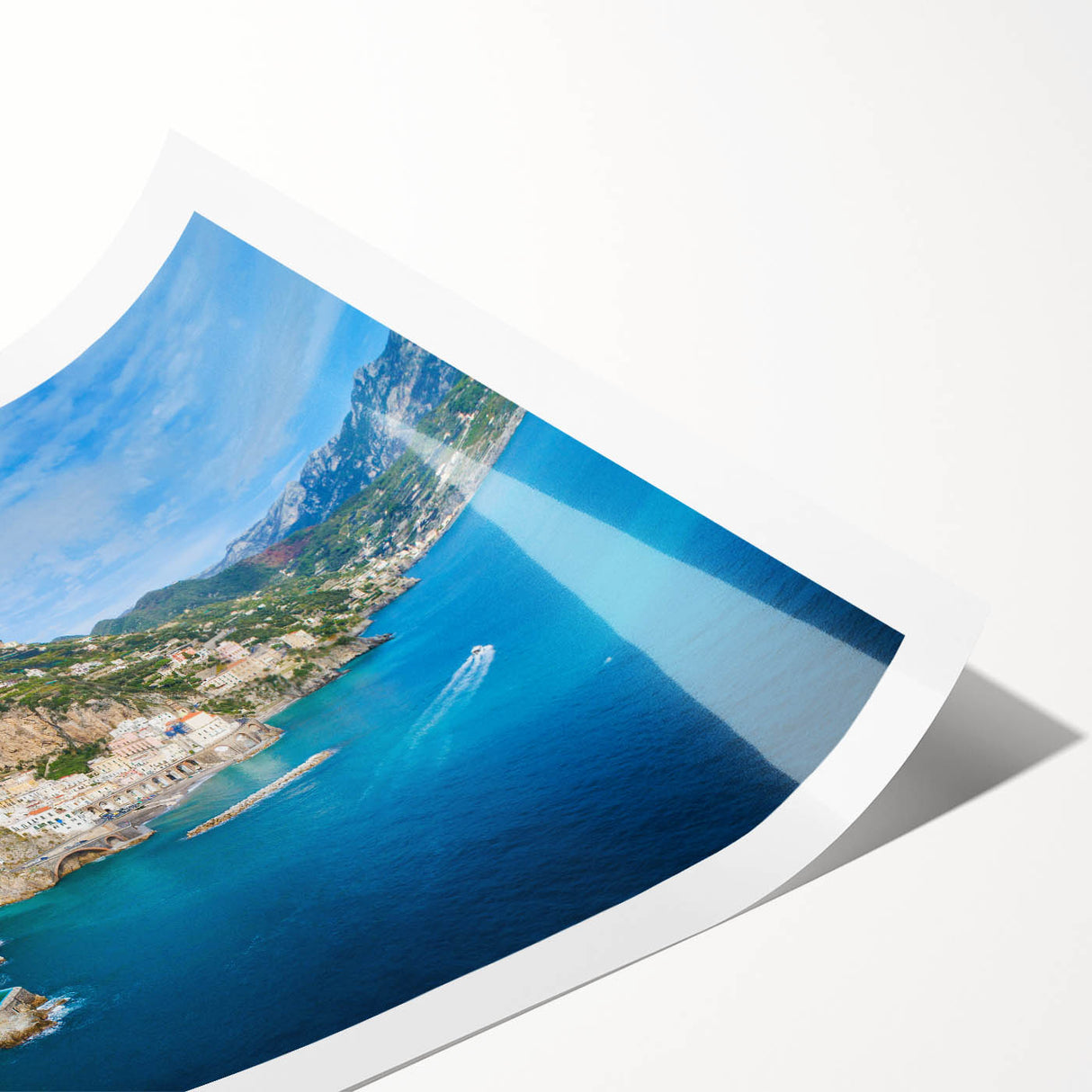 Extra large wall art featuring line art flowers and scenic Amalfi Coast, in soft pastel tones on rolled print.