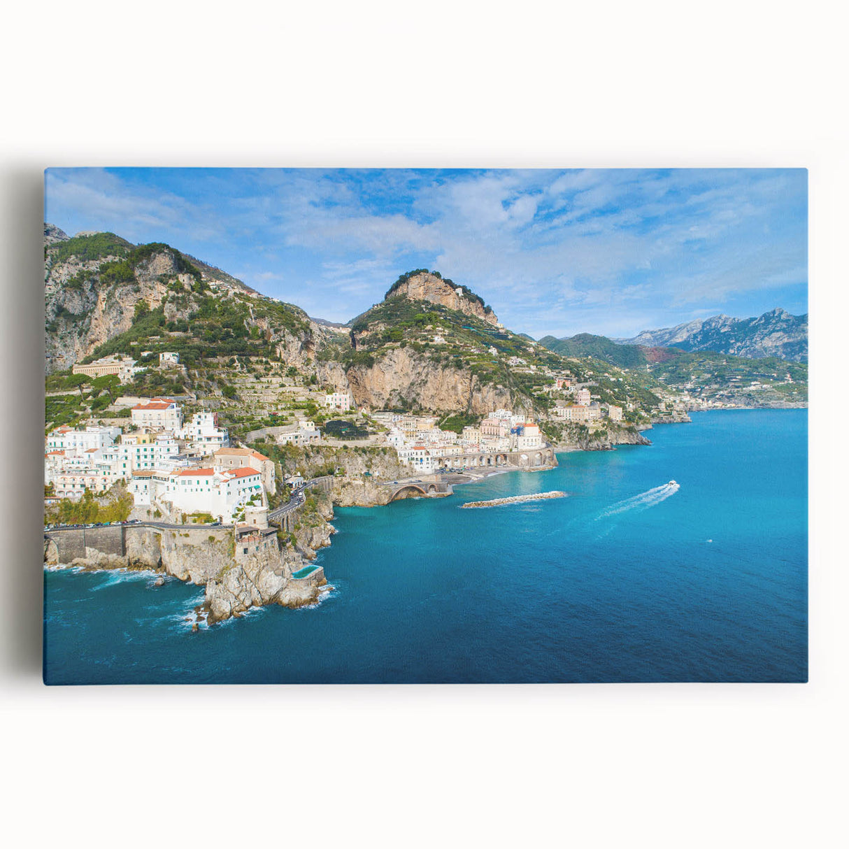 Black and white stretched canvas featuring the Amalfi Coast, with a grayscale palette.