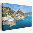 Panoramic view of the Amalfi Coast on a large stretched canvas, featuring vivid blue and green hues.