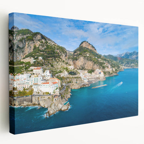 Panoramic view of the Amalfi Coast on a large stretched canvas, featuring vivid blue and green hues.