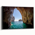 Black and white vintage poster art of Capri landscape on framed canvas, suitable for bedroom wall decor.
