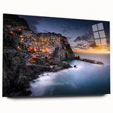 Acrylic print of Cinque Terre with vivid blue and pastel seaside tones, suitable for bedroom or dining room art.