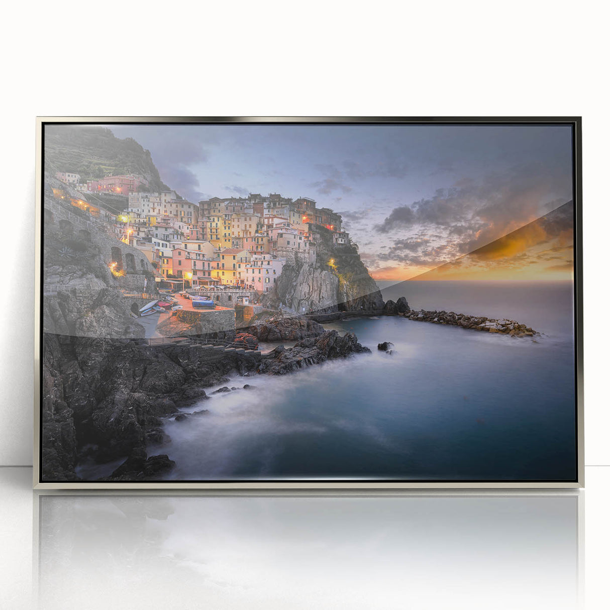 Framed acrylic print of Cinque Terre with vibrant coastal colors, ideal for modern art wall decor.