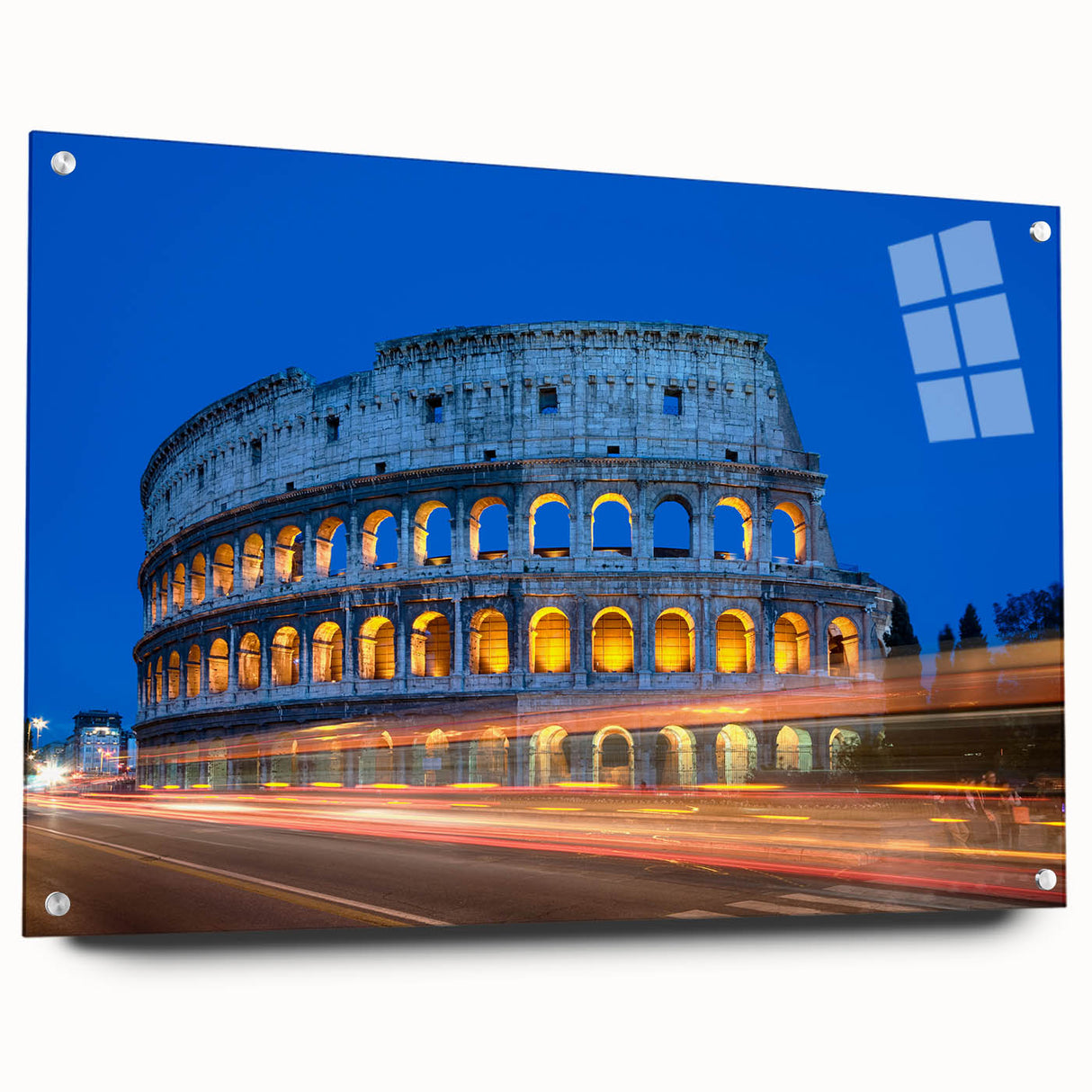 Acrylic print of the Colosseum in Rome with muted earth tones, ideal for dining room decor.