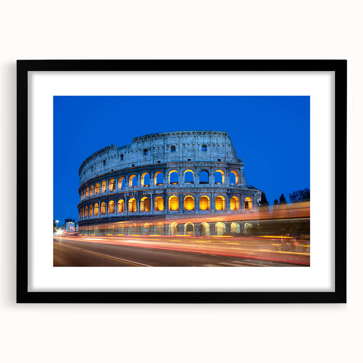 Abstract art print of the Colosseum in vibrant, colorful hues on a large framed canvas, ideal for living room decor.