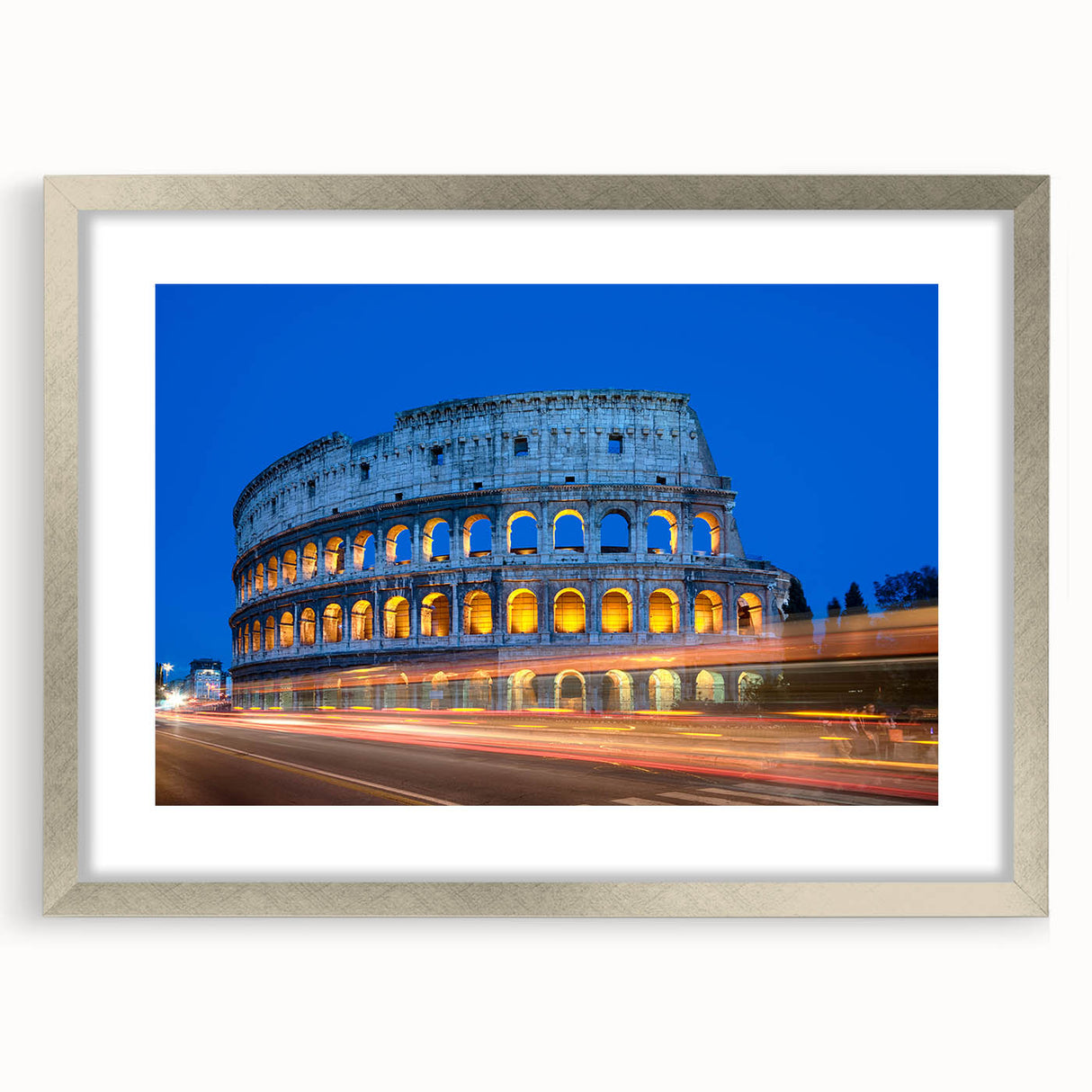 Extra large wall art featuring a textured print of the Colosseum in Italy, framed in silver, ideal for living room decor.