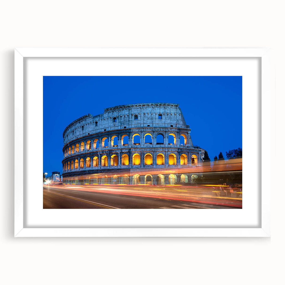 Textured art print of the Colosseum in muted earth tones, framed in white, ideal for bedroom art.