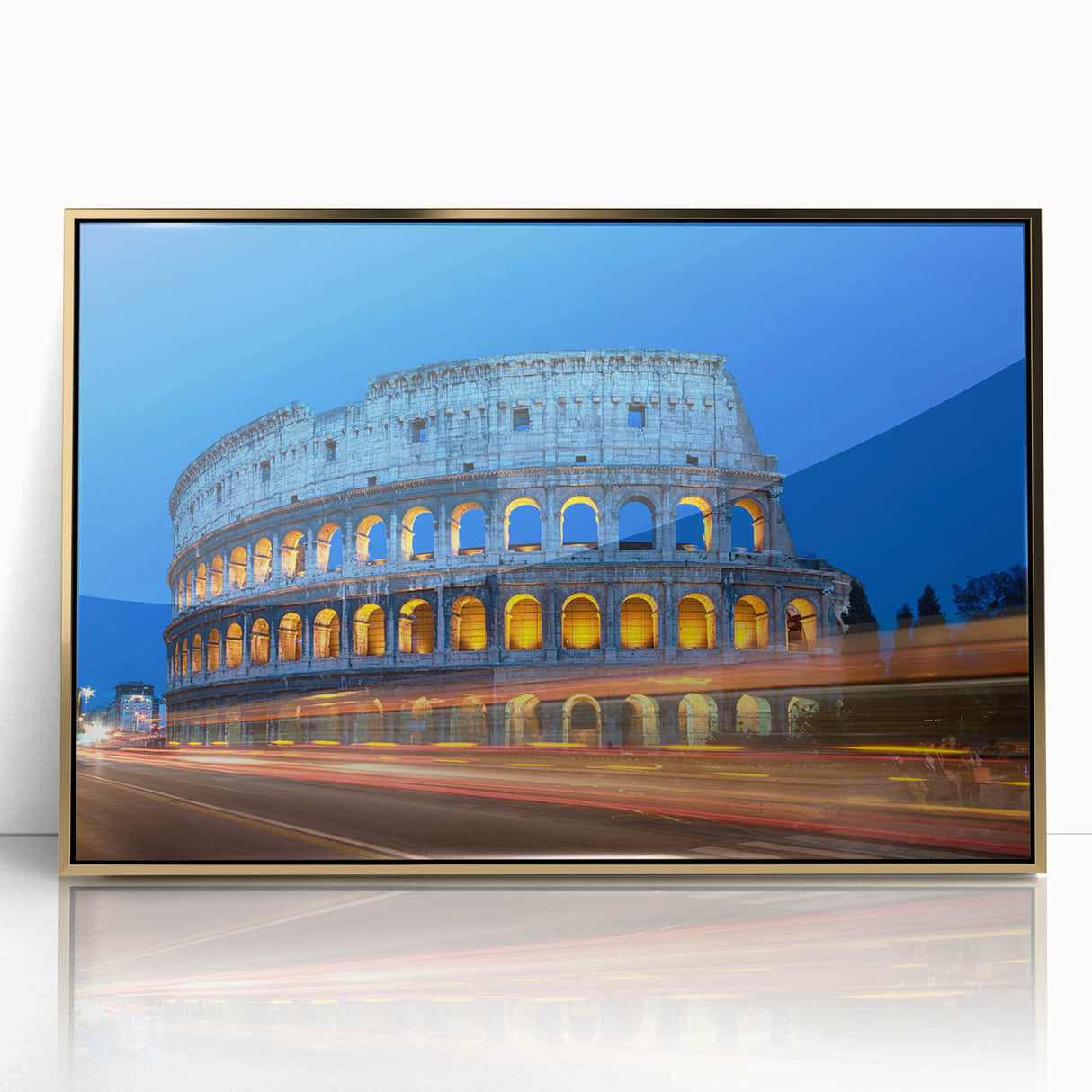 Art deco poster of the Colosseum in muted gold and ivory tones on framed acrylic, suitable for modern art wall decor.