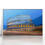 Mid-century modernist art of the Colosseum in pastel shades on a white framed acrylic, ideal for modern art wall decor.