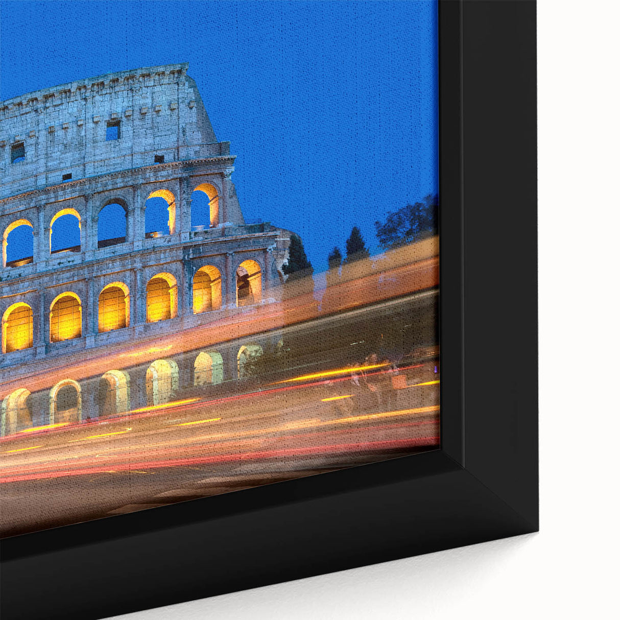 Black wall art of the Colosseum in Rome, featuring vibrant colors and texture, on a framed canvas.