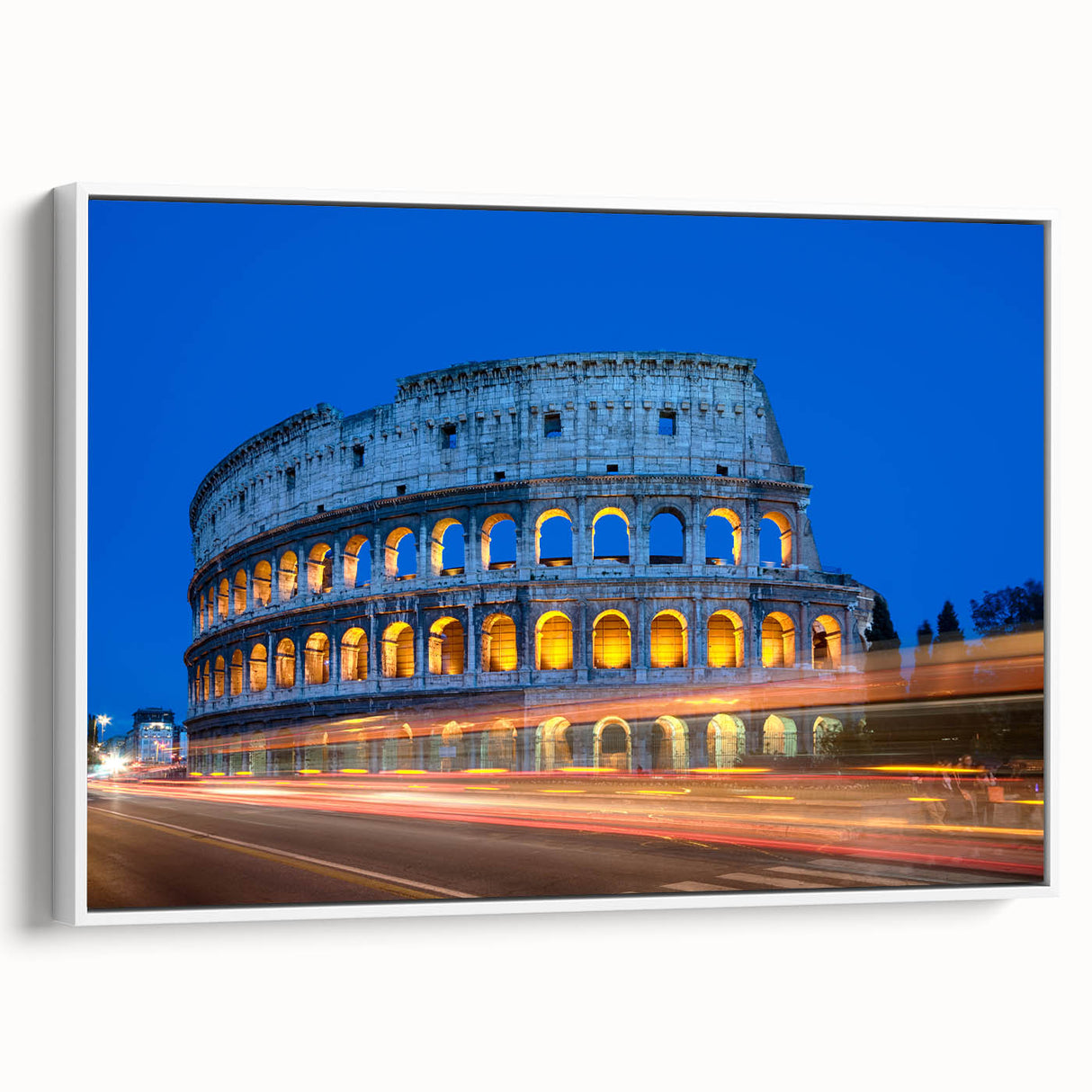Vintage poster art of the Colosseum in muted earth tones on a framed canvas, ideal for living room decor.