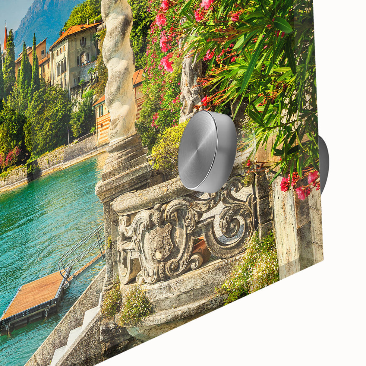 Large abstract wall art of Lake Como with muted blue and green tones on acrylic glass, ideal for dining room ambiance.