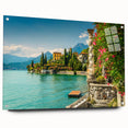 Acrylic print of Lake Como with lush greenery and blue waters, ideal for enhancing dining room decor.