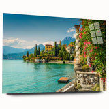 Acrylic print of Lake Como with vivid blue and green hues, ideal for bedroom or dining room art.