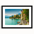 Extra large, colorful art print of Lake Como with textured abstract design in a black frame, ideal for living room decor.
