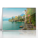 Mid-century modernist art of Lake Como with soft blue and green tones on a framed acrylic, ideal for nursery wall decor.