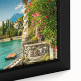Extra large framed canvas of Lake Como with textured black and colorful art, ideal for living room decor.