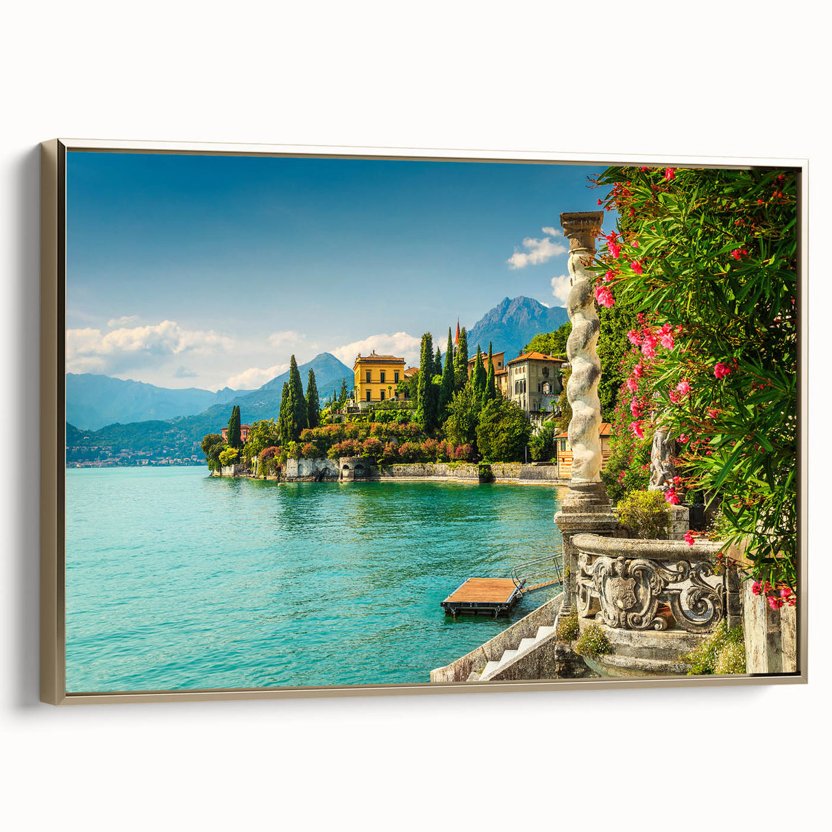 Framed canvas of Lake Como with vintage-style landscape painting, featuring muted earth tones, ideal for bedroom wall art.