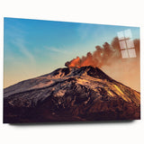 Large abstract depiction of Mount Etna in muted earth tones on acrylic glass, suitable for bedroom or dining room decor.