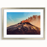 Extra large wall art of abstract Mount Etna in textured hues of orange and gray, framed in silver.