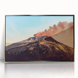 Large art print of Mount Etna in muted earth tones, framed in silver acrylic, suitable for modern art wall decor.