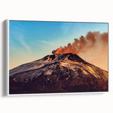 Vintage poster art of Mount Etna in vibrant colors on a large framed canvas, ideal for living room decor.