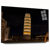 Side view of a large acrylic print depicting the Leaning Tower of Pisa, in muted earth tones.